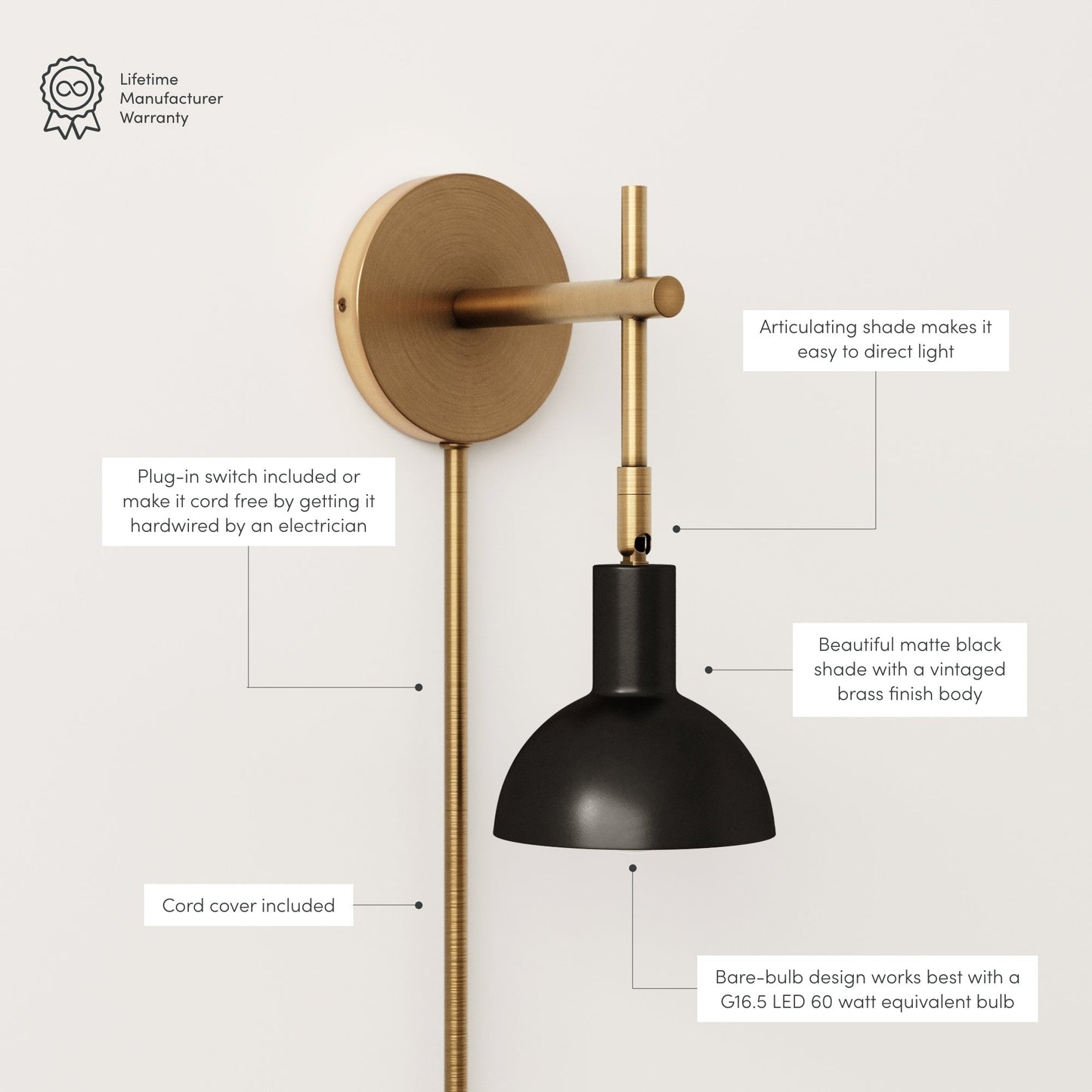 Nathan James Tamlin Applique da parete con braccio a 1 luce con spina e interruttore on/off