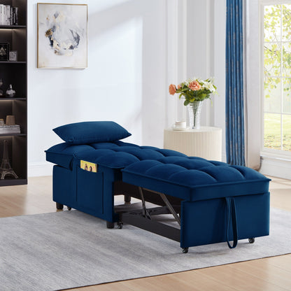 Divano letto singolo pieghevole in velluto blu navy da 68,5 pollici con schienale regolabile e cuscini per soggiorno