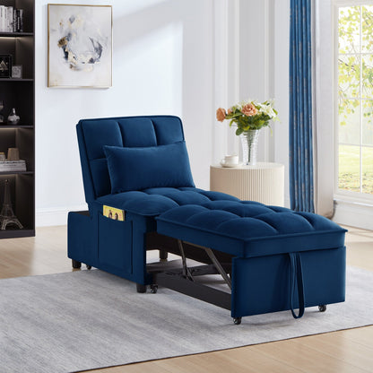Divano letto singolo pieghevole in velluto blu navy da 68,5 pollici con schienale regolabile e cuscini per soggiorno