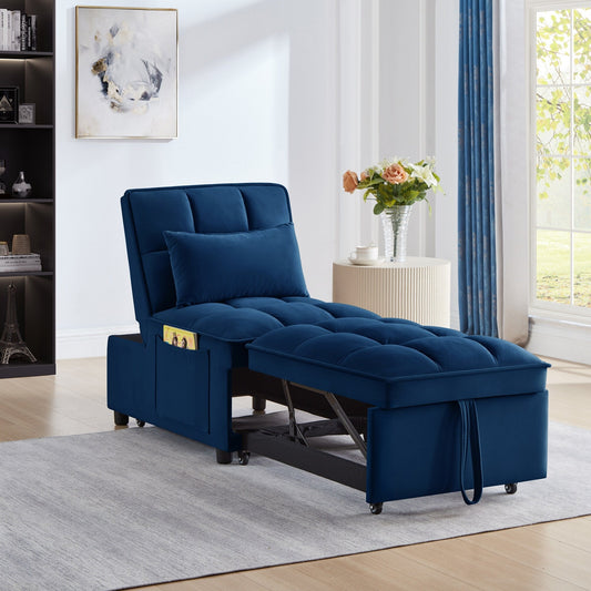 Divano letto singolo pieghevole in velluto blu navy da 68,5 pollici con schienale regolabile e cuscini per soggiorno