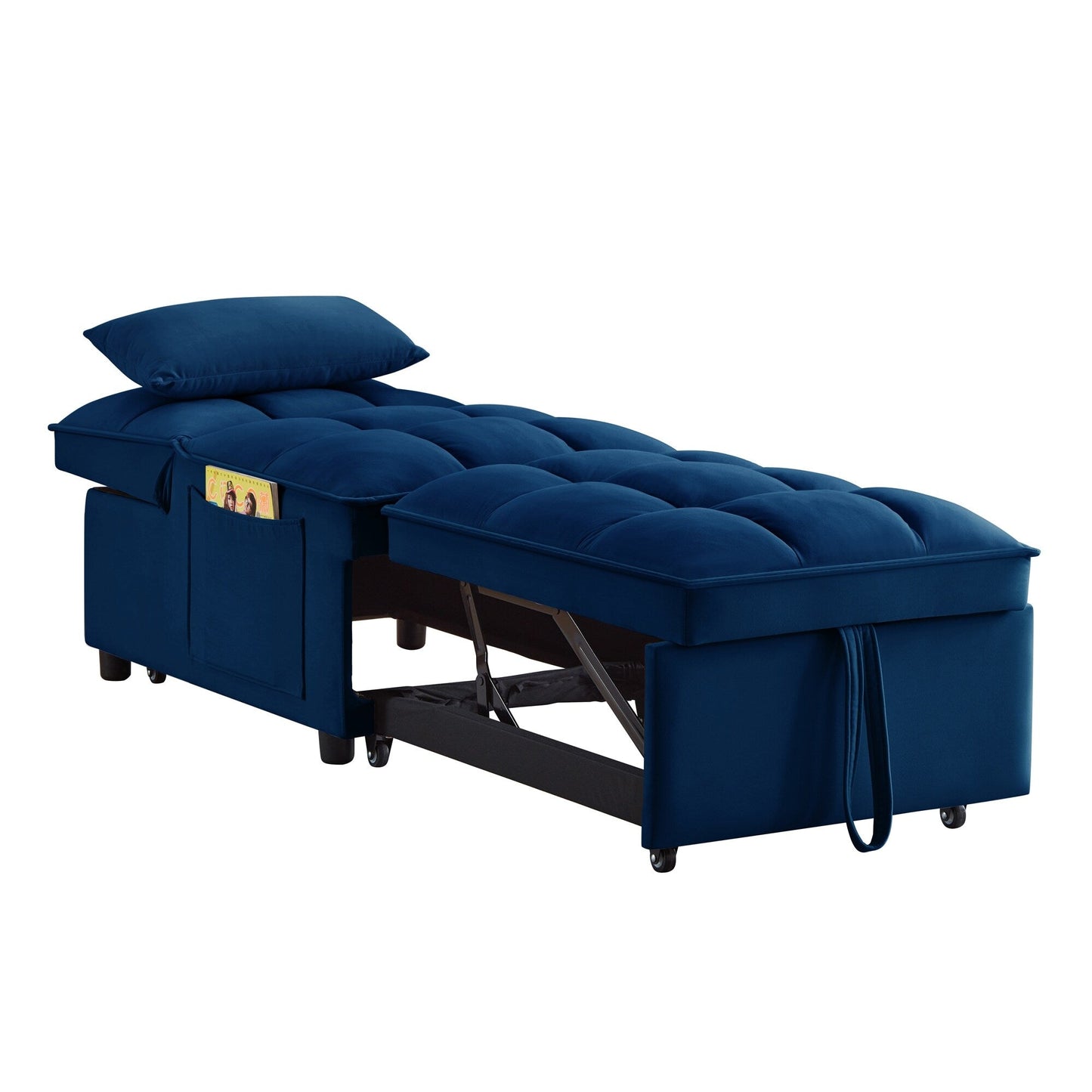 Divano letto singolo pieghevole in velluto blu navy da 68,5 pollici con schienale regolabile e cuscini per soggiorno