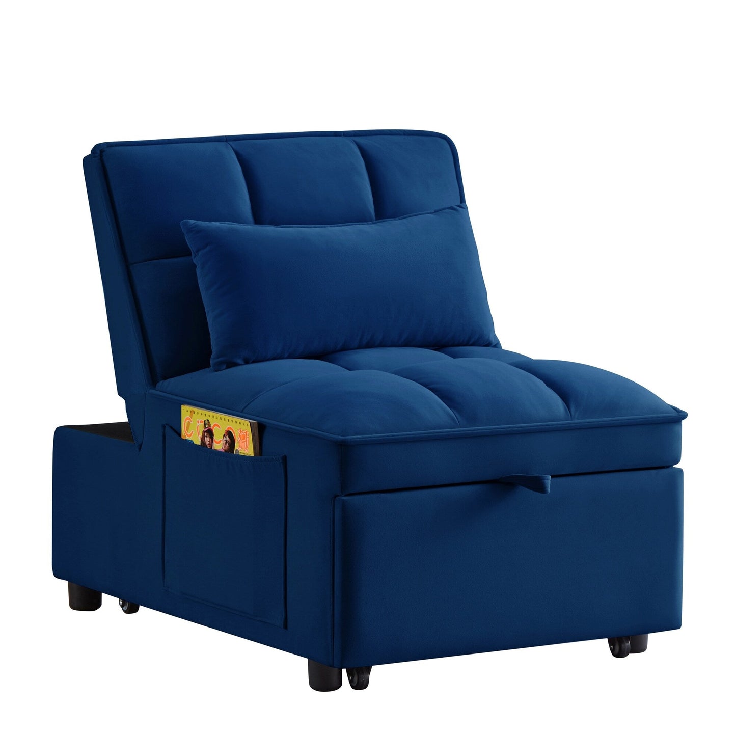 Divano letto singolo pieghevole in velluto blu navy da 68,5 pollici con schienale regolabile e cuscini per soggiorno