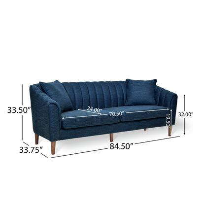 Divano a 3 posti blu navy con gambe in legno e cuscini