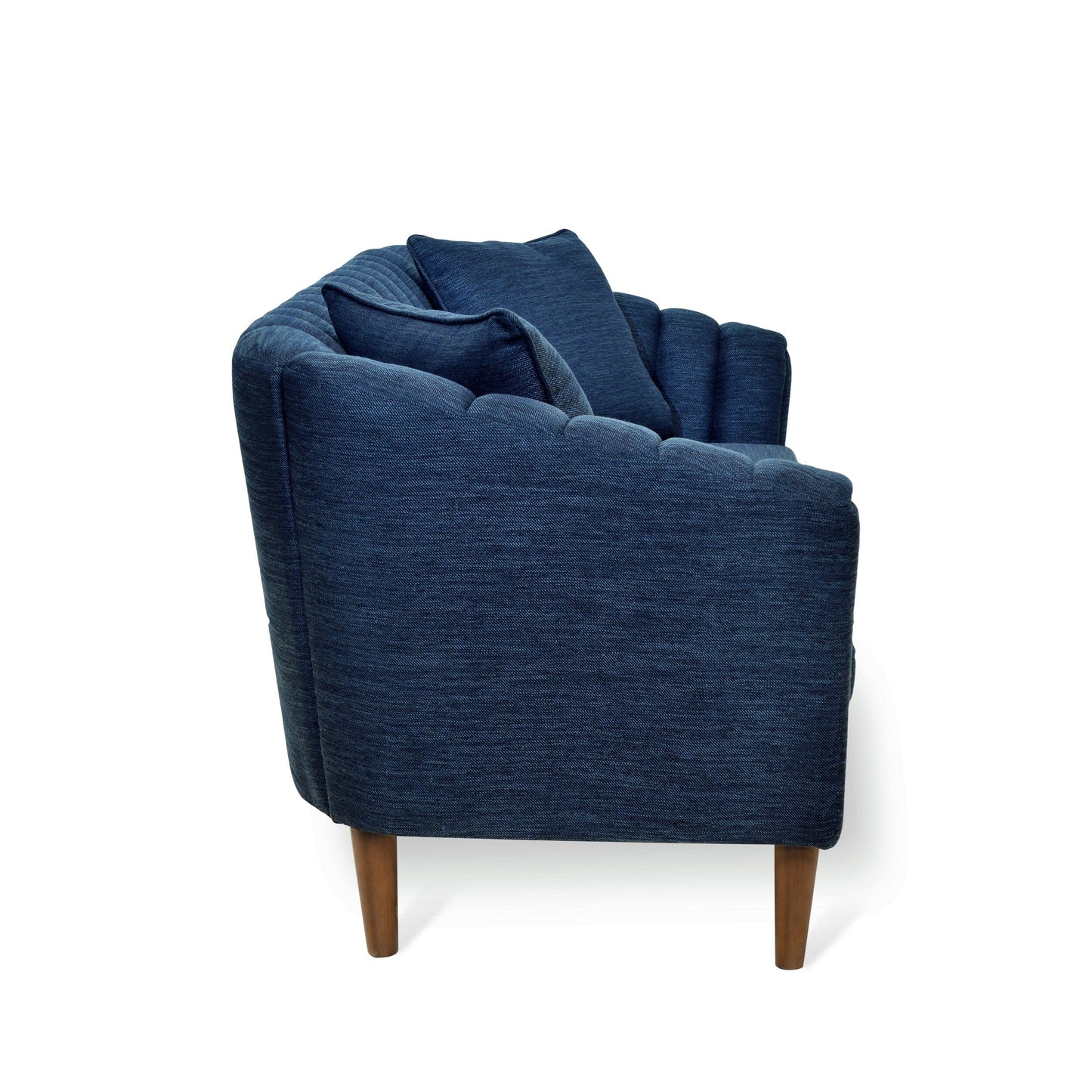 Divano a 3 posti blu navy con gambe in legno e cuscini