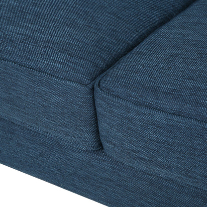 Divano a 3 posti blu navy con gambe in legno e schienale capitonné