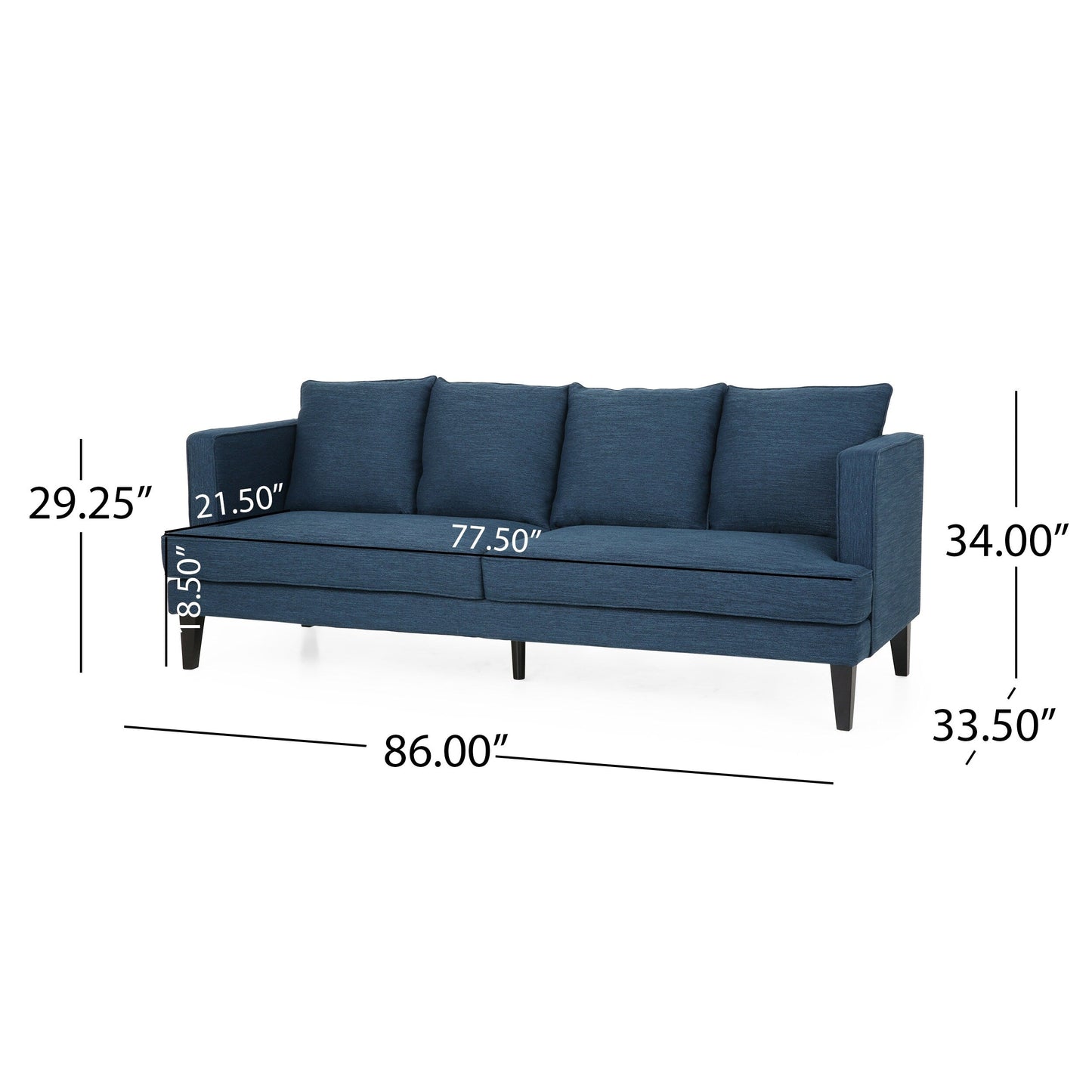 Divano a 3 posti blu navy con gambe in legno e schienale capitonné