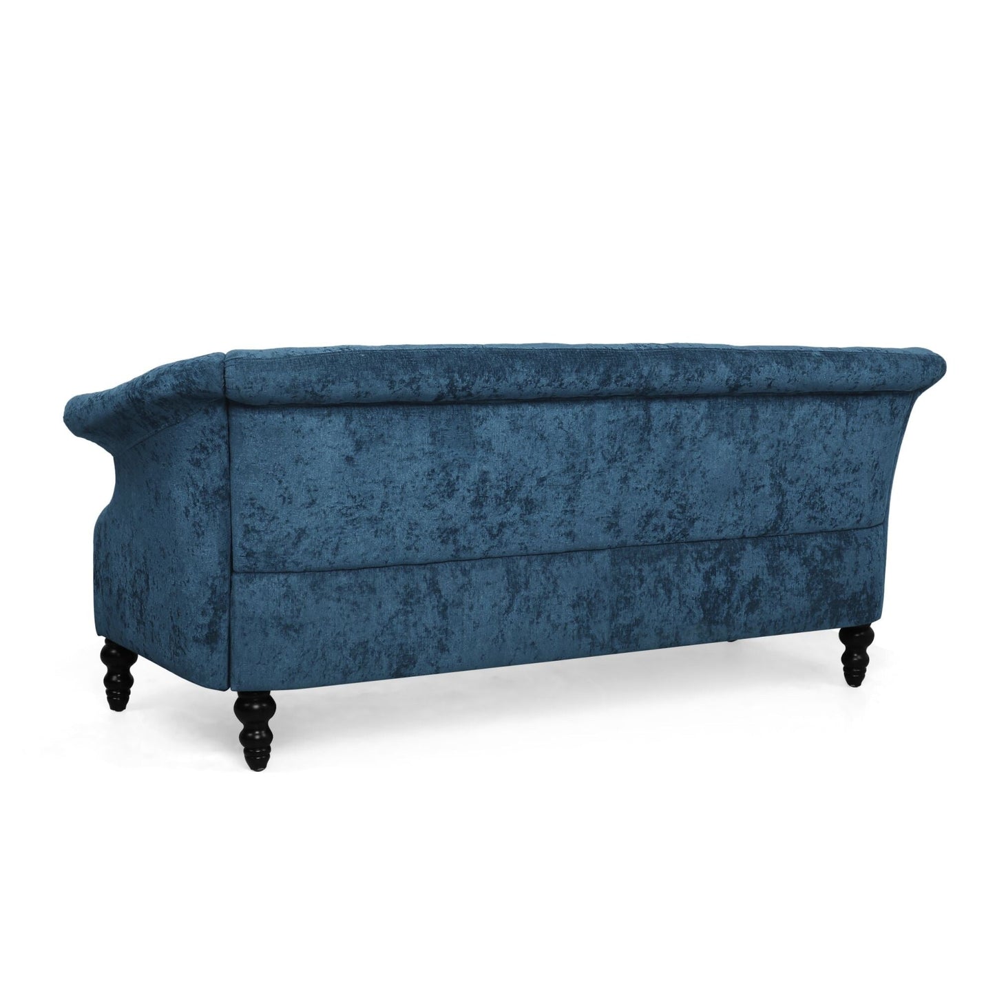 Divano a due posti in velluto blu navy 75 con braccioli svasati, seduta profonda e gambe in legno per soggiorno