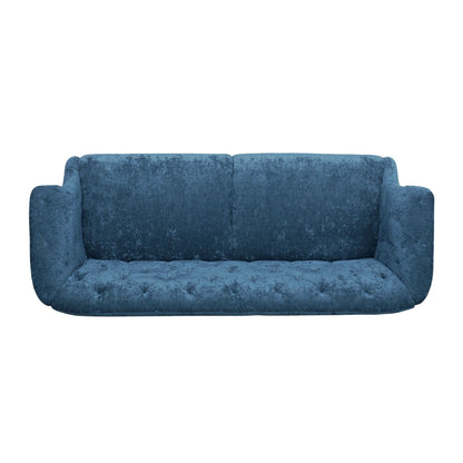 Divano a due posti in velluto blu navy 75 con braccioli svasati, seduta profonda e gambe in legno per soggiorno