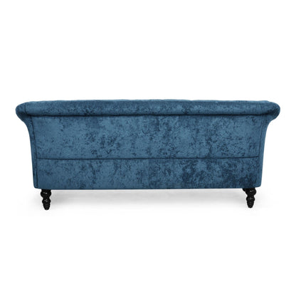 Divano a due posti in velluto blu navy 75 con braccioli svasati, seduta profonda e gambe in legno per soggiorno