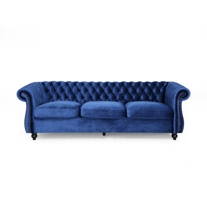 Divano Chesterfield blu navy 84,75 con borchie e gambe in legno, imbottito e trapuntato, a 3 posti, per soggiorno