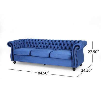 Divano Chesterfield a 3 posti blu navy con bottoni e borchie