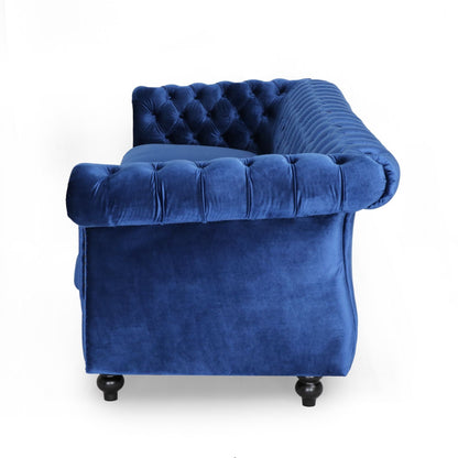 Divano Chesterfield a 3 posti blu navy con bottoni e borchie