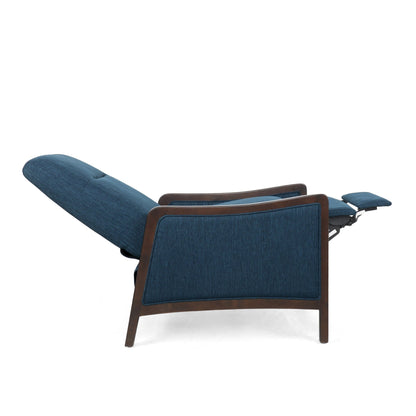 Poltrona reclinabile imbottita Mid-Century blu navy con poggiapiedi e struttura in legno di betulla