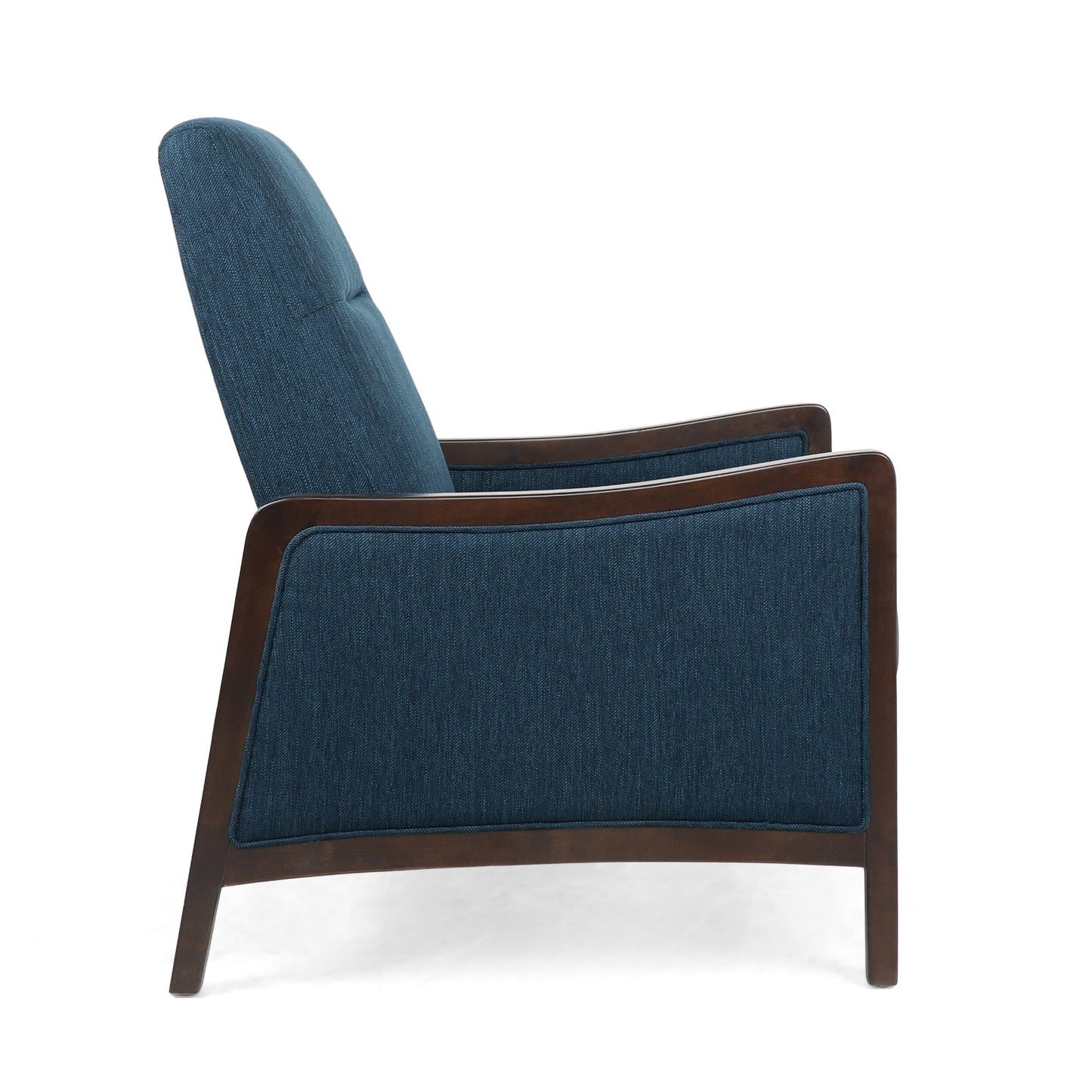 Poltrona reclinabile imbottita Mid-Century blu navy con poggiapiedi e struttura in legno di betulla