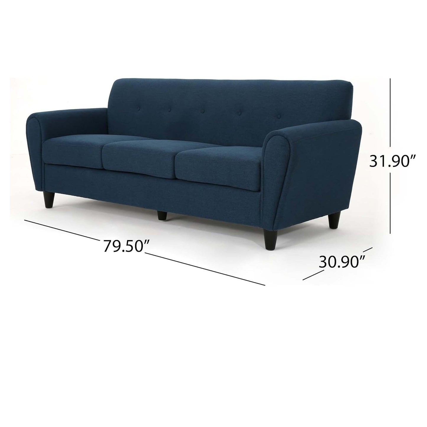 Divano moderno blu navy da 78,5 posti con gambe in legno e struttura in compensato per soggiorno