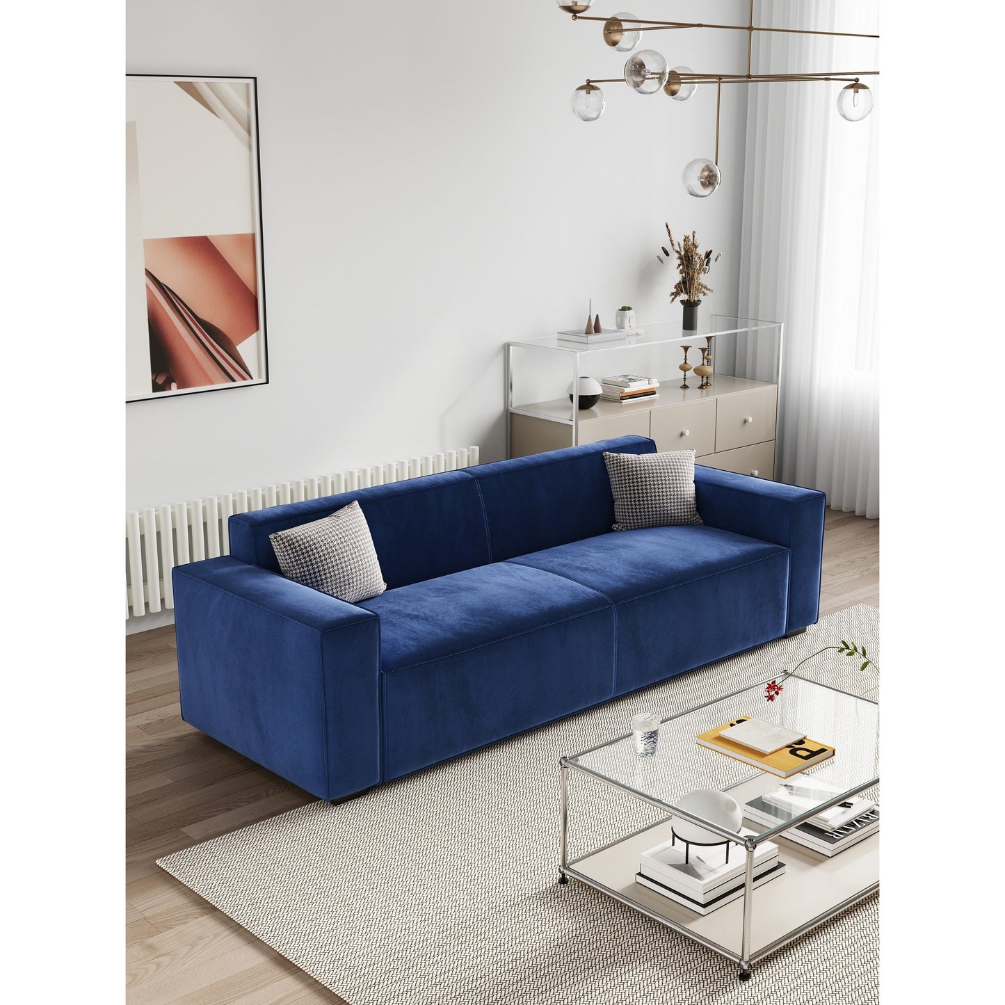 Divano a due posti imbottito in ciniglia blu navy moderno da 88,6 pollici con 4 gambe in legno massello e 2 cuscini per soggiorno