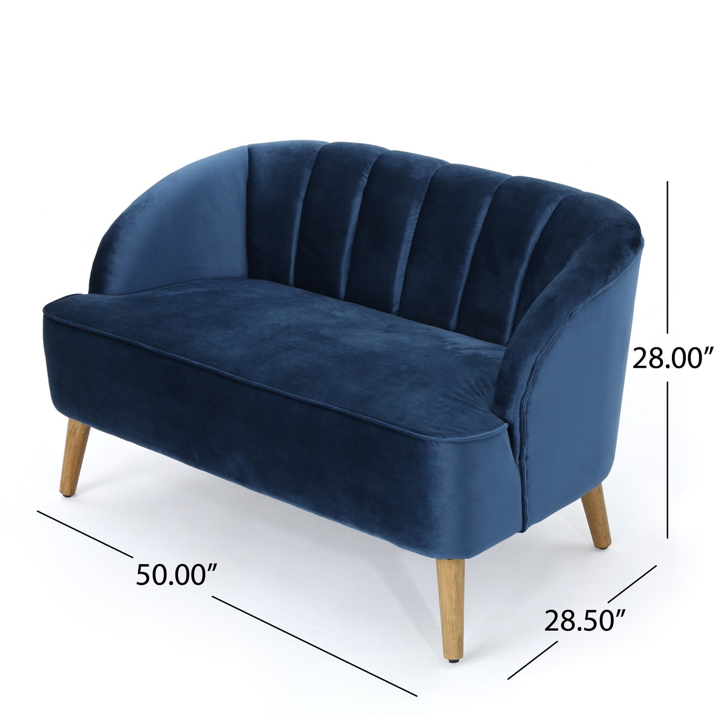 Divano a due posti in velluto blu navy con struttura in legno di betulla