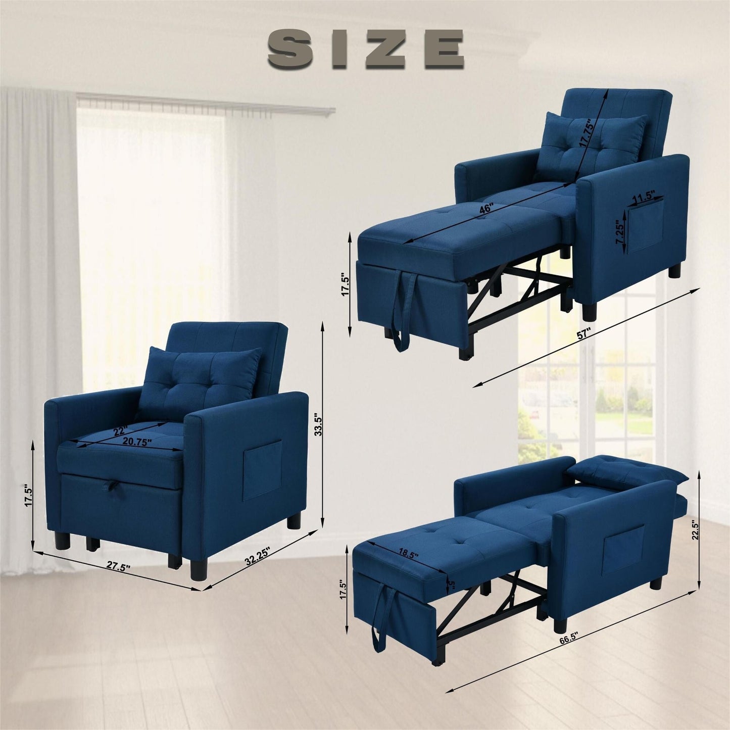 Divano letto singolo convertibile 3 in 1 moderno blu navy da 27,5 pollici con schienale regolabile e cuscino per soggiorno