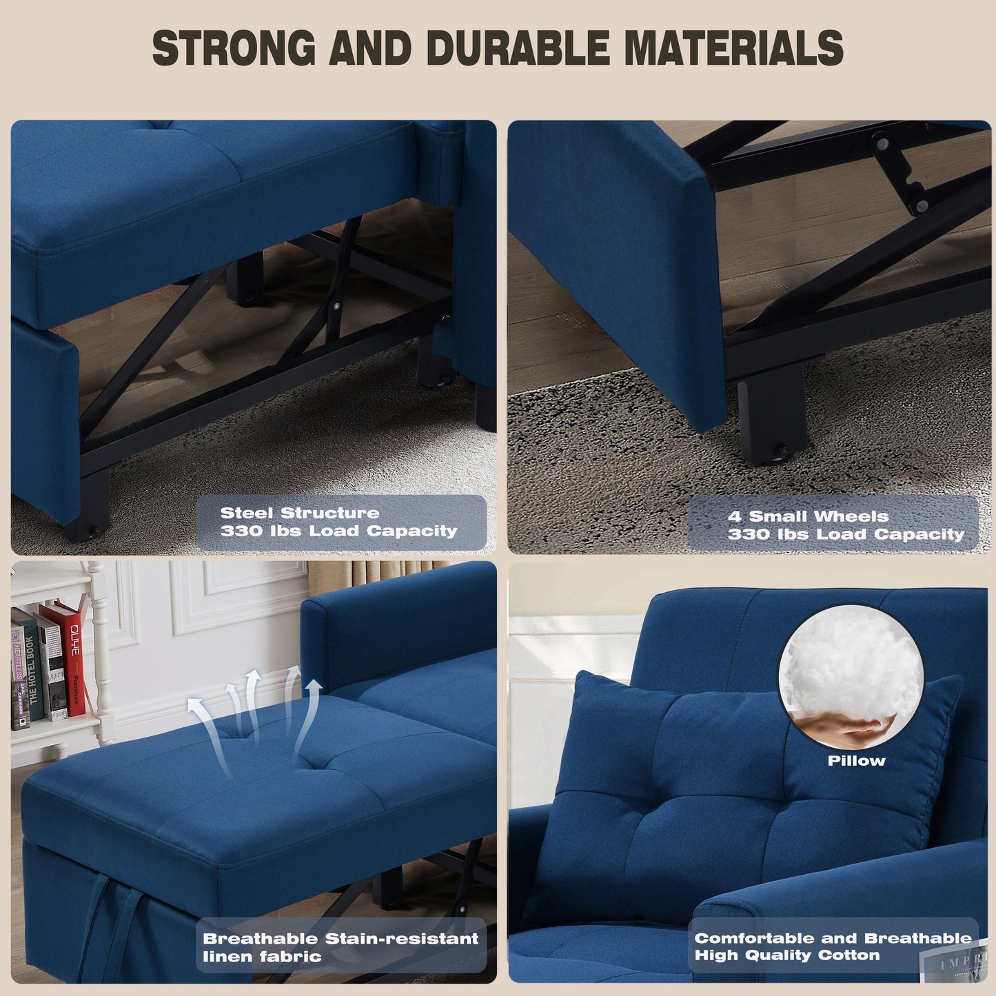 Divano letto singolo convertibile 3 in 1 moderno blu navy da 27,5 pollici con schienale regolabile e cuscino per soggiorno