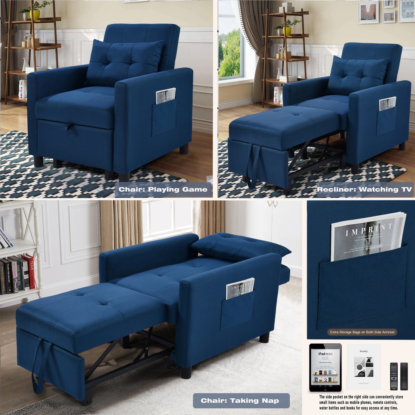 Divano letto singolo convertibile 3 in 1 moderno blu navy da 27,5 pollici con schienale regolabile e cuscino per soggiorno