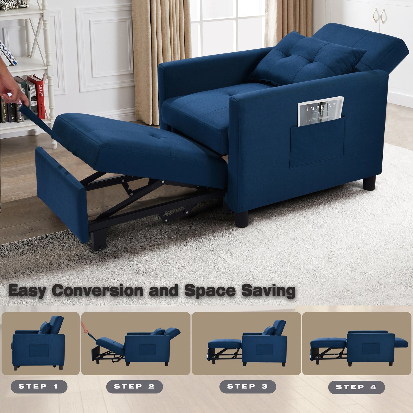Divano letto singolo convertibile 3 in 1 moderno blu navy da 27,5 pollici con schienale regolabile e cuscino per soggiorno