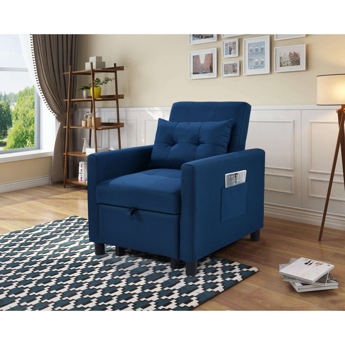 Divano letto singolo convertibile 3 in 1 moderno blu navy da 27,5 pollici con schienale regolabile e cuscino per soggiorno