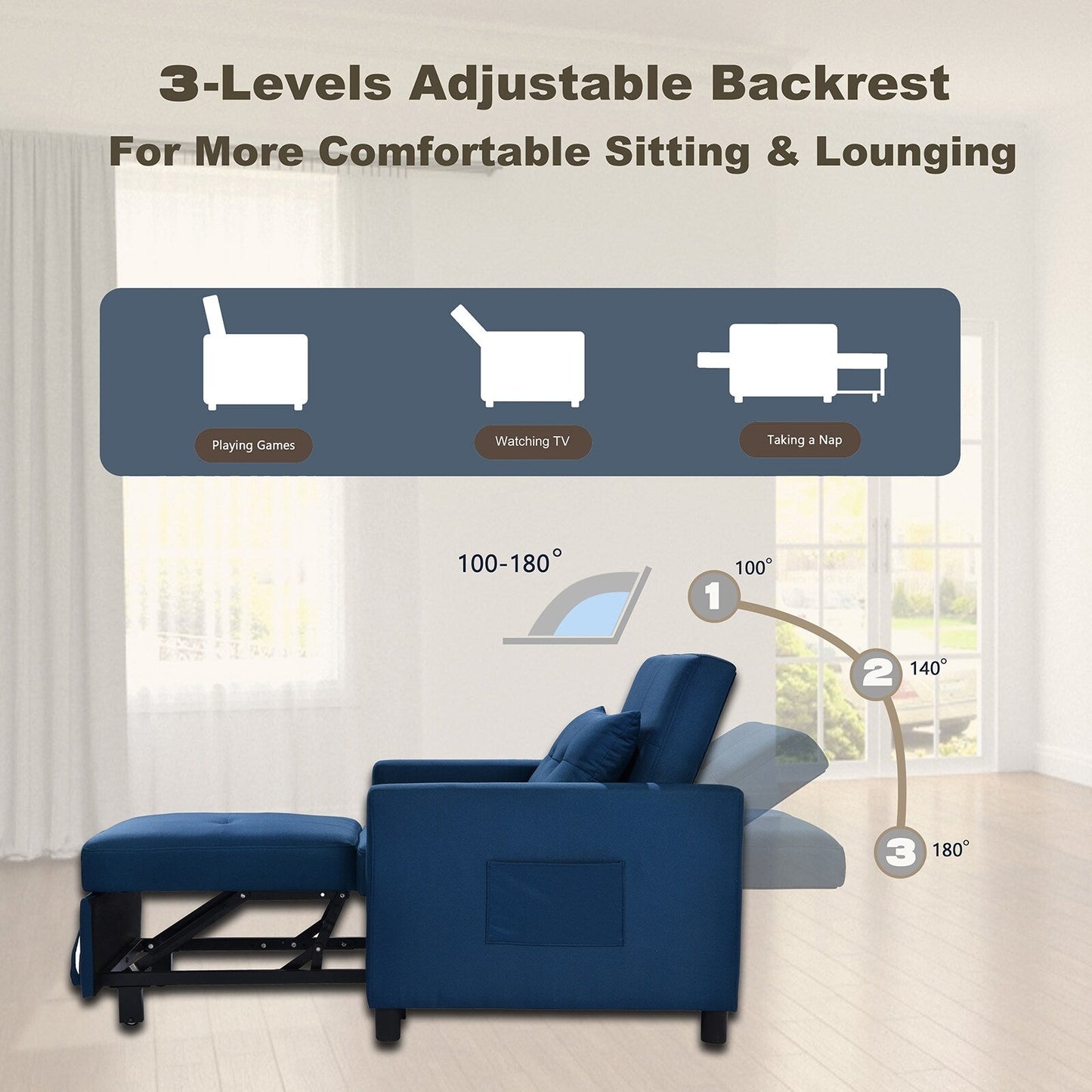 Divano letto singolo convertibile 3 in 1 moderno blu navy da 27,5 pollici con schienale regolabile e cuscino per soggiorno