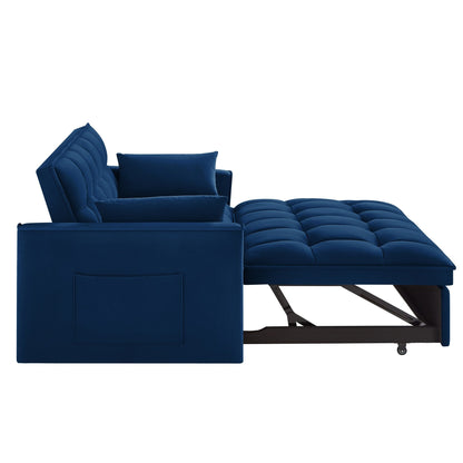 Divano letto multifunzione 4 in 1 con divano a due posti, imbottito, estraibile, in velluto blu navy moderno da 52,5 pollici, con schienale regolabile e cuscini
