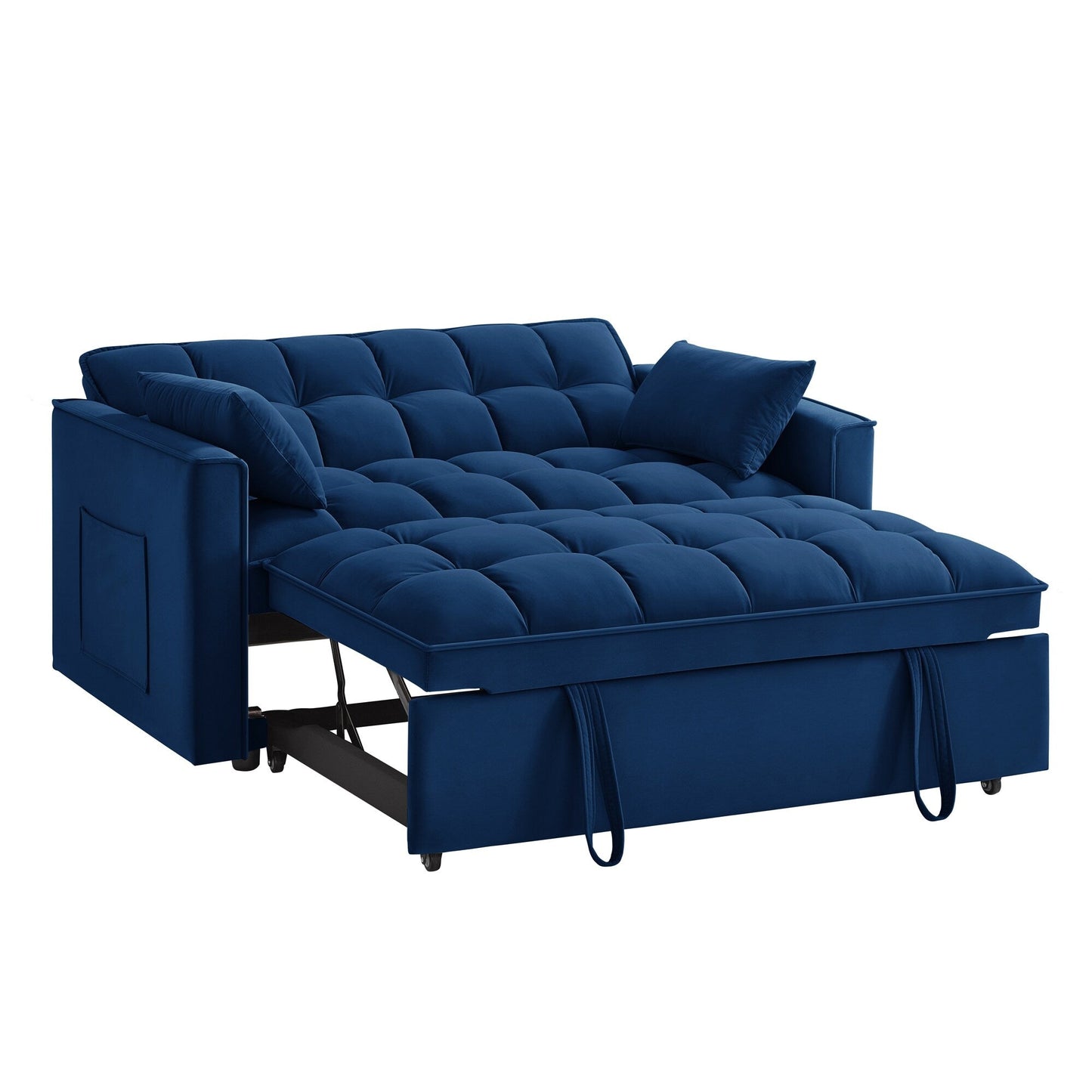 Divano letto multifunzione 4 in 1 con divano a due posti, imbottito, estraibile, in velluto blu navy moderno da 52,5 pollici, con schienale regolabile e cuscini
