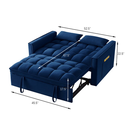 Divano letto multifunzione 4 in 1 con divano a due posti, imbottito, estraibile, in velluto blu navy moderno da 52,5 pollici, con schienale regolabile e cuscini