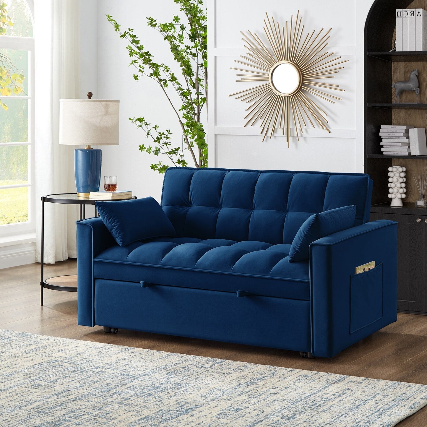 Divano letto multifunzione 4 in 1 con divano a due posti, imbottito, estraibile, in velluto blu navy moderno da 52,5 pollici, con schienale regolabile e cuscini