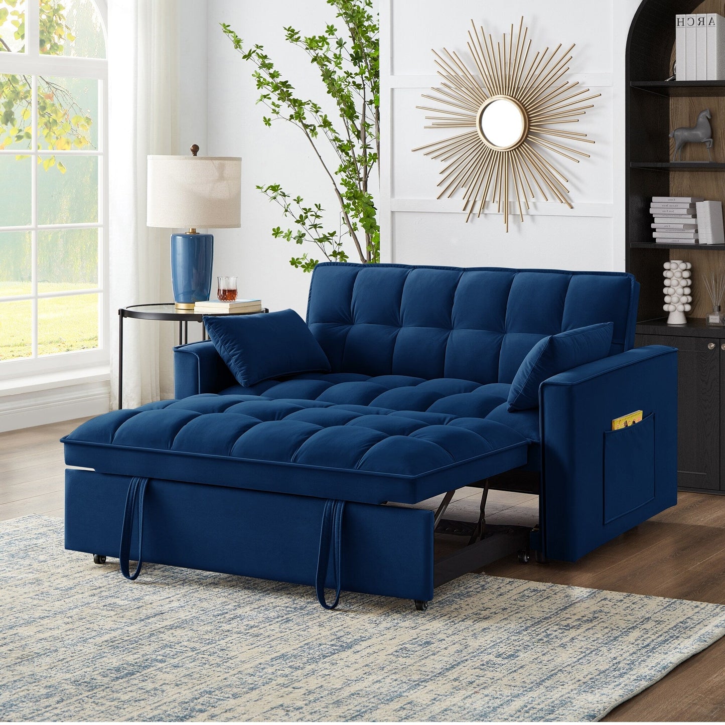 Divano letto multifunzione 4 in 1 con divano a due posti, imbottito, estraibile, in velluto blu navy moderno da 52,5 pollici, con schienale regolabile e cuscini