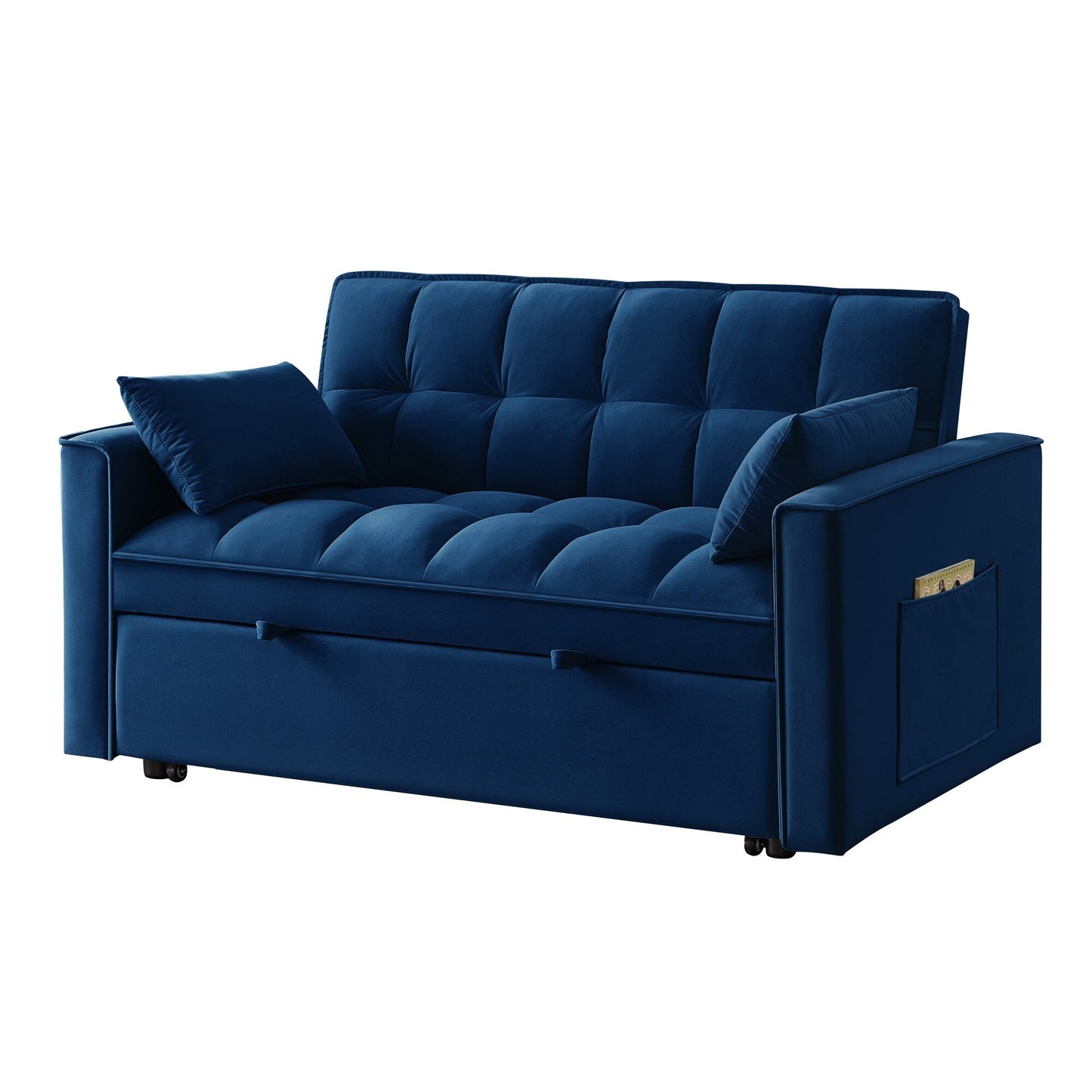 Divano letto multifunzione 4 in 1 con divano a due posti, imbottito, estraibile, in velluto blu navy moderno da 52,5 pollici, con schienale regolabile e cuscini