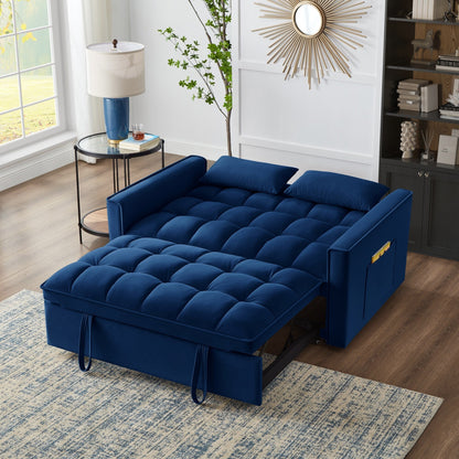 Divano letto multifunzione 4 in 1 con divano a due posti, imbottito, estraibile, in velluto blu navy moderno da 52,5 pollici, con schienale regolabile e cuscini