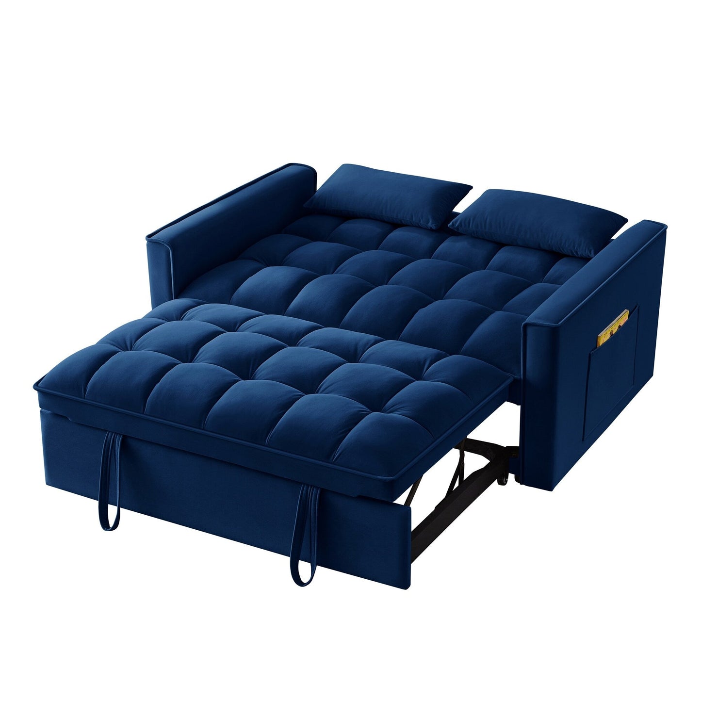 Divano letto multifunzione 4 in 1 con divano a due posti, imbottito, estraibile, in velluto blu navy moderno da 52,5 pollici, con schienale regolabile e cuscini