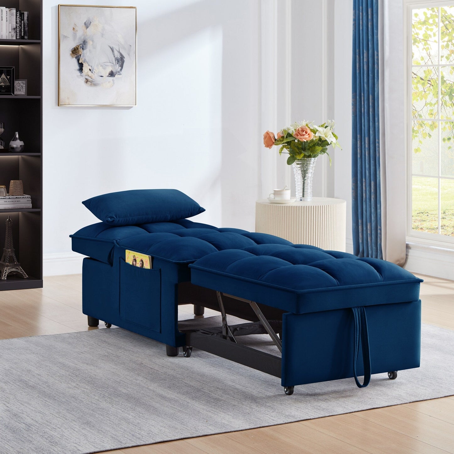 Divano letto pieghevole in velluto blu navy con schienale regolabile