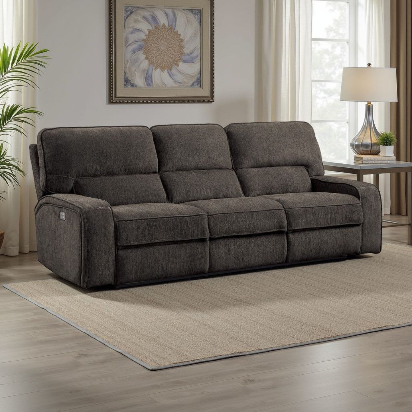 Divano reclinabile Neo Power con USB, ciniglia grigio chiaro, 99 pollici