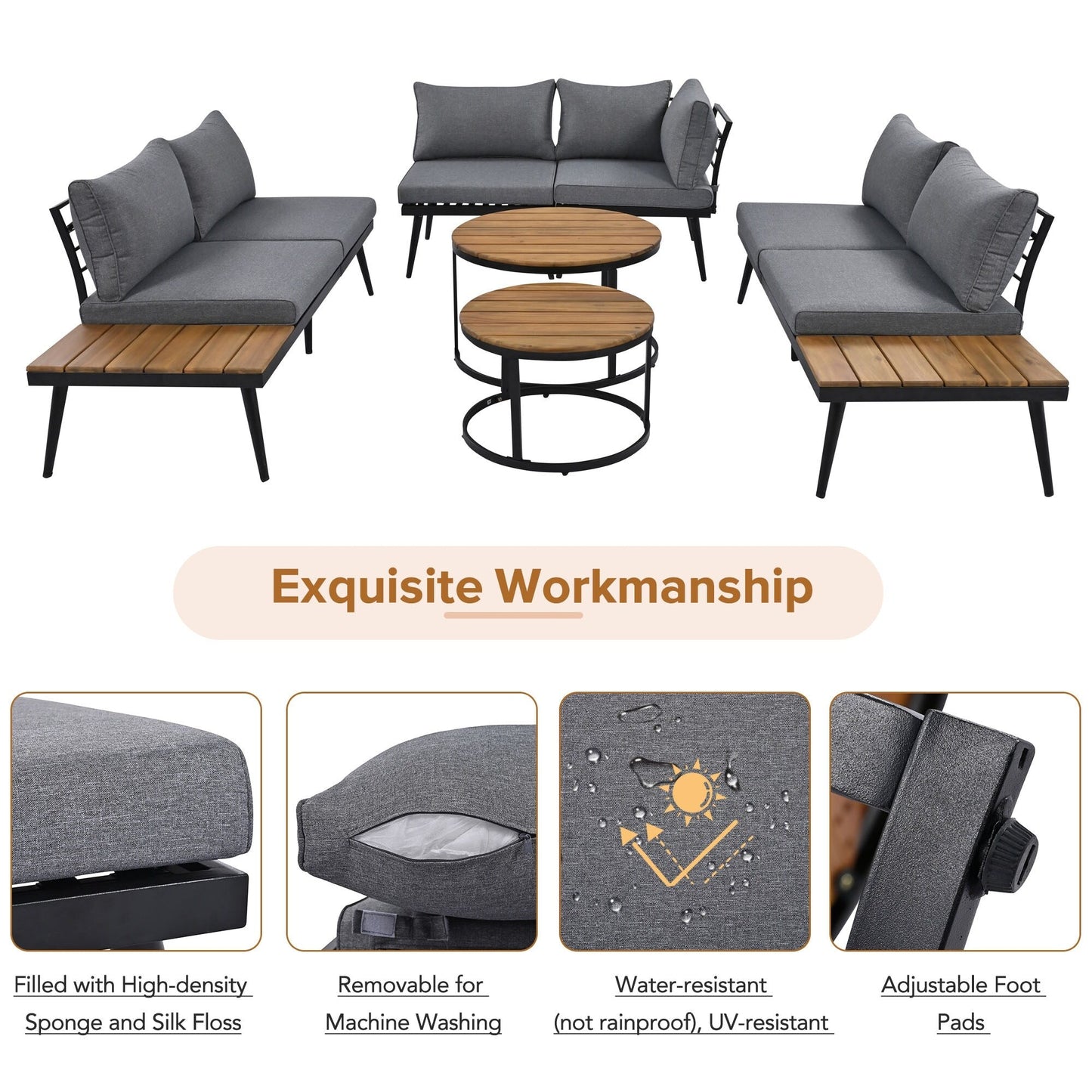 Set di divani componibili da esterno Nestfair da 6 pezzi con tavolini rotondi impilabili e cuscini