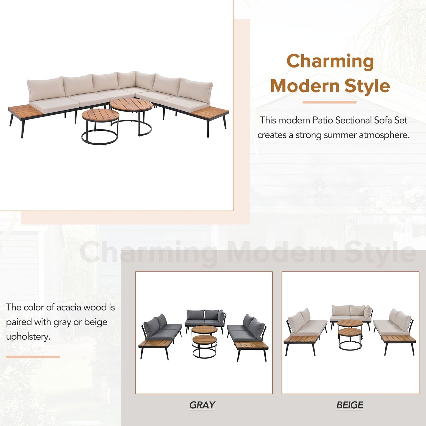 Set di divani componibili da esterno Nestfair da 6 pezzi con tavolini rotondi impilabili e cuscini