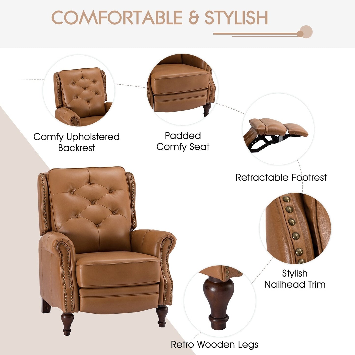 Poltrona reclinabile Nestor Mid Century in vera pelle con gambe in legno massello di HULALA HOME