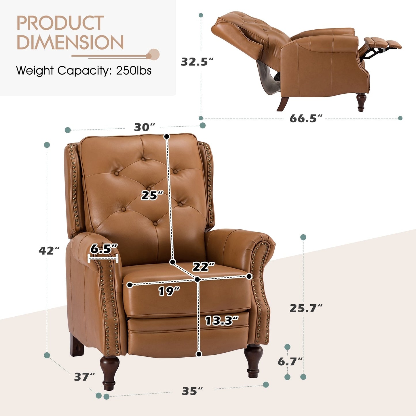 Poltrona reclinabile Nestor Mid Century in vera pelle con gambe in legno massello di HULALA HOME