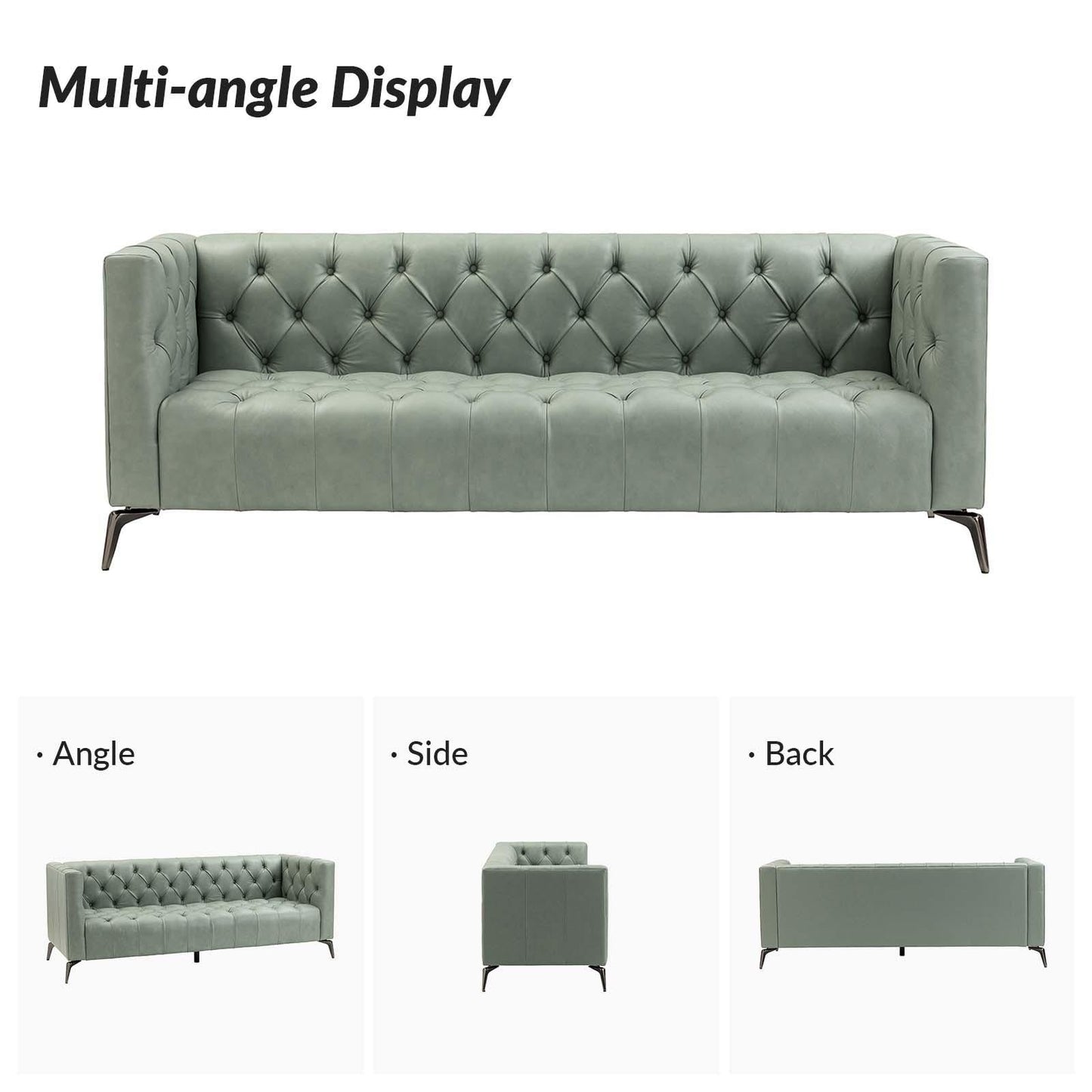 Divano Nestor Transitional in vera pelle con gambe in metallo e schienale capitonné