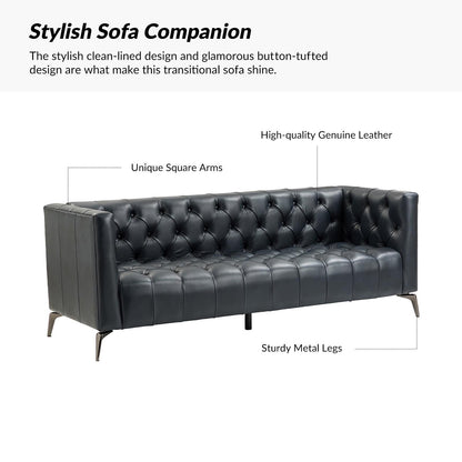 Divano Nestor Transitional in vera pelle con gambe in metallo e schienale capitonné