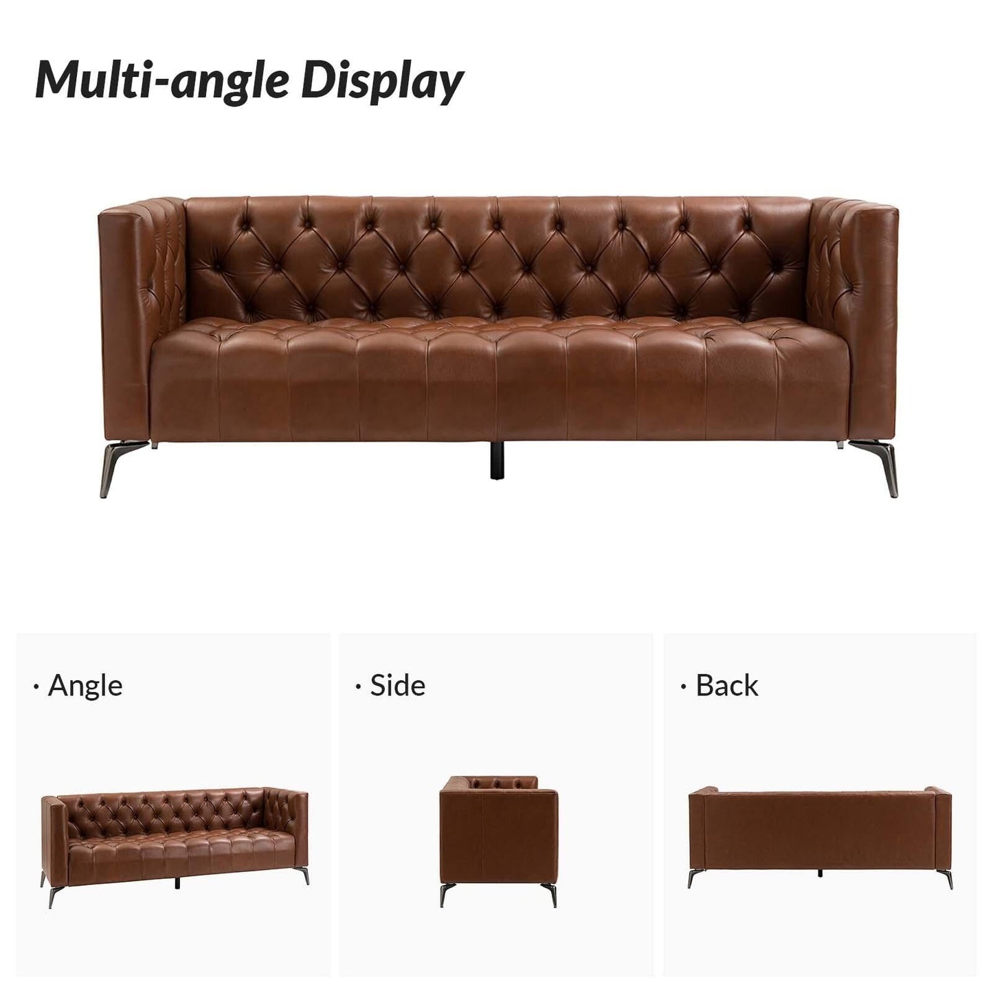 Divano Nestor Transitional in vera pelle con gambe in metallo e schienale capitonné