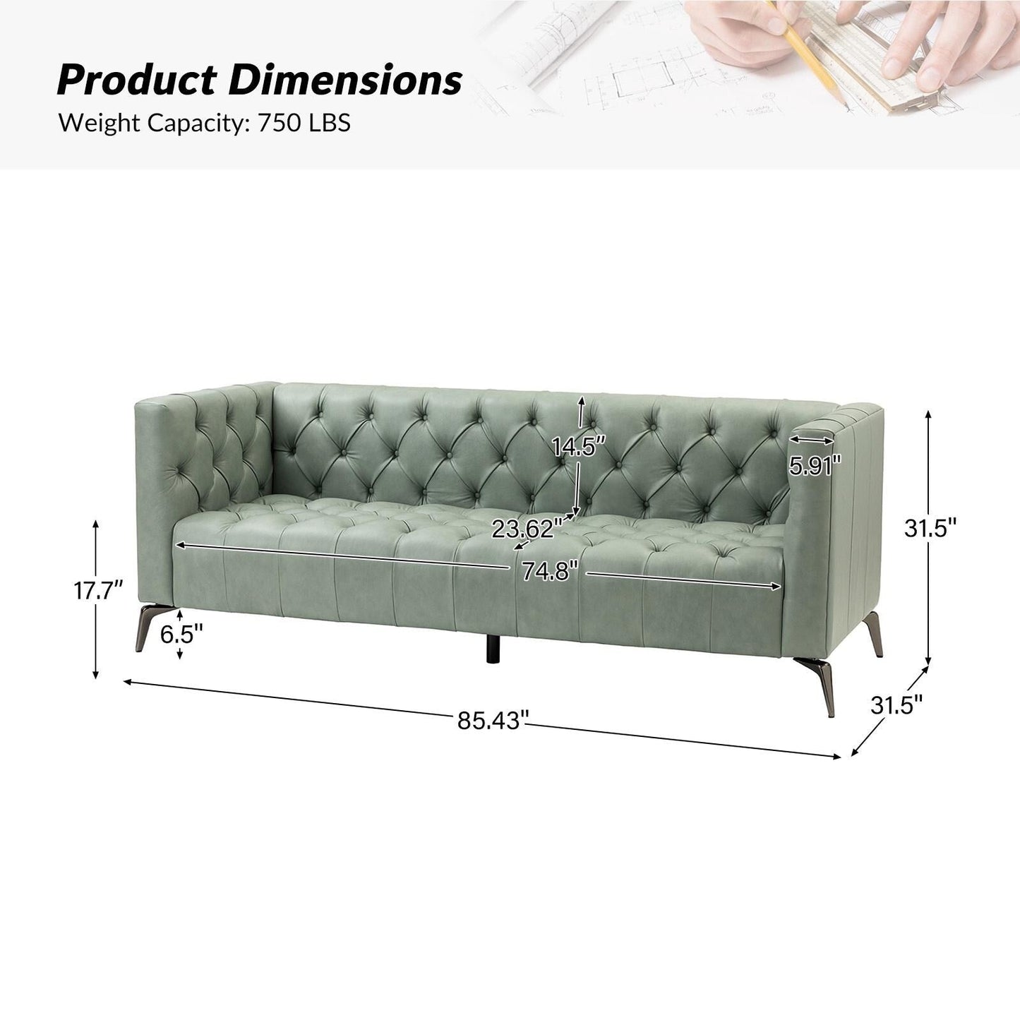 Divano Nestor Transitional in vera pelle con gambe in metallo e schienale capitonné