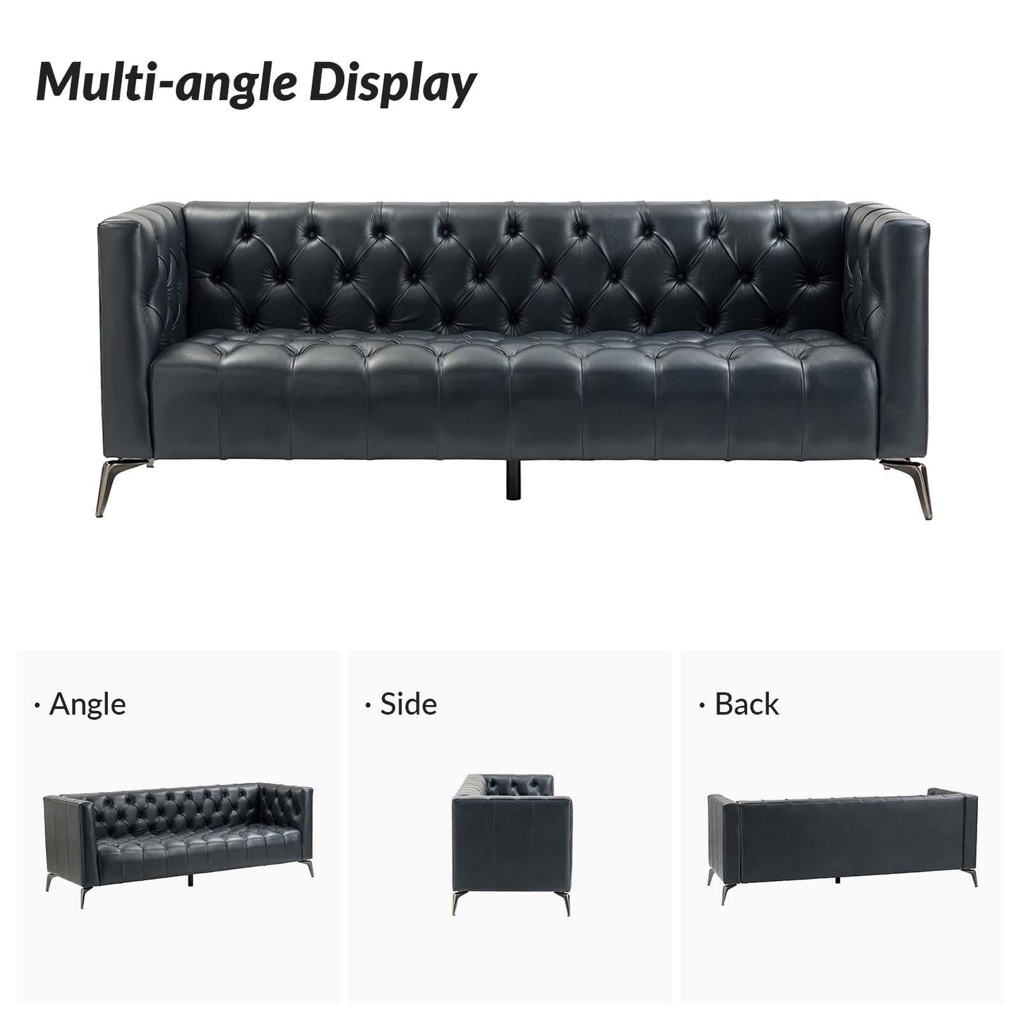 Divano Nestor Transitional in vera pelle con gambe in metallo e schienale capitonné