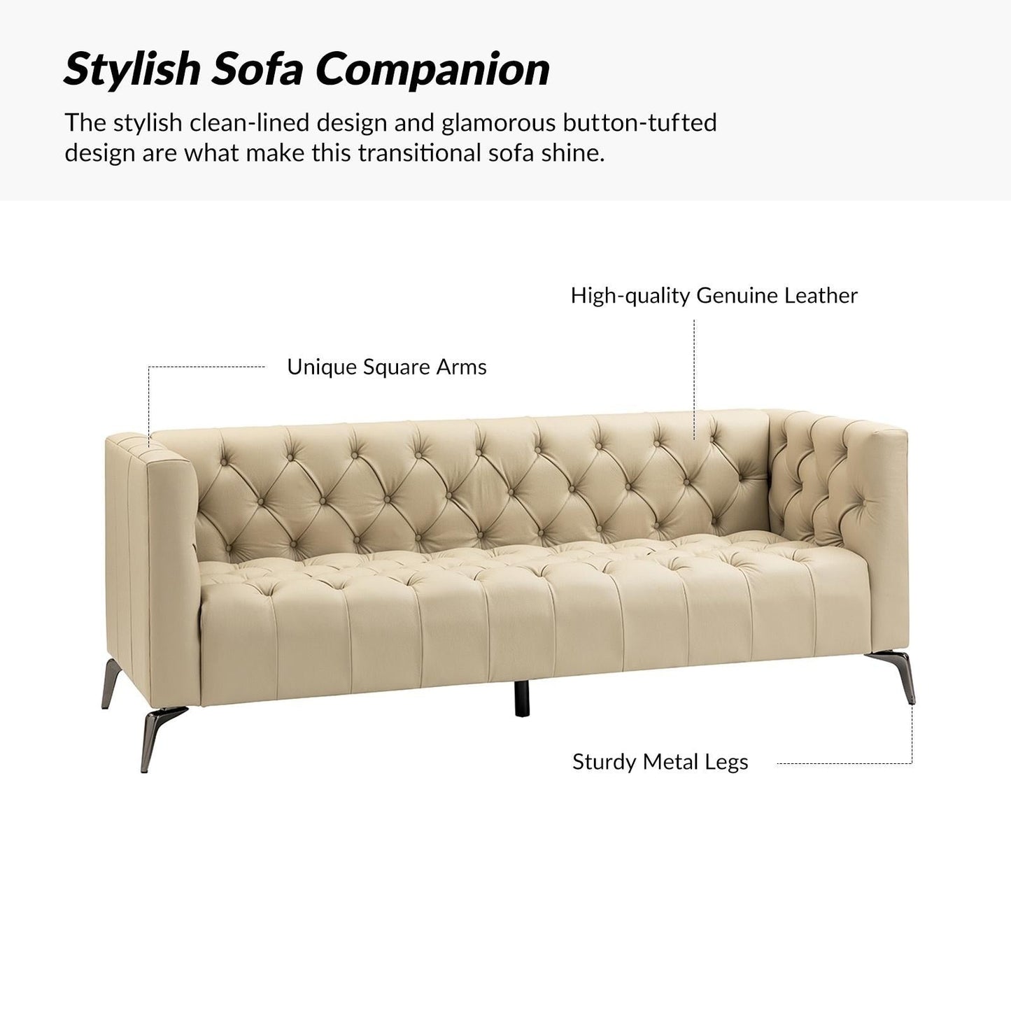 Divano Nestor Transitional in vera pelle con gambe in metallo e schienale capitonné