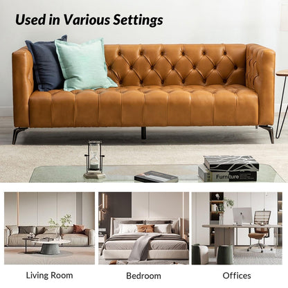 Divano Nestor Transitional in vera pelle con gambe in metallo e schienale capitonné