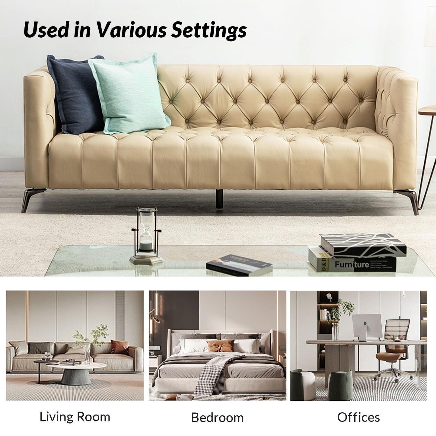 Divano Nestor Transitional in vera pelle con gambe in metallo e schienale capitonné