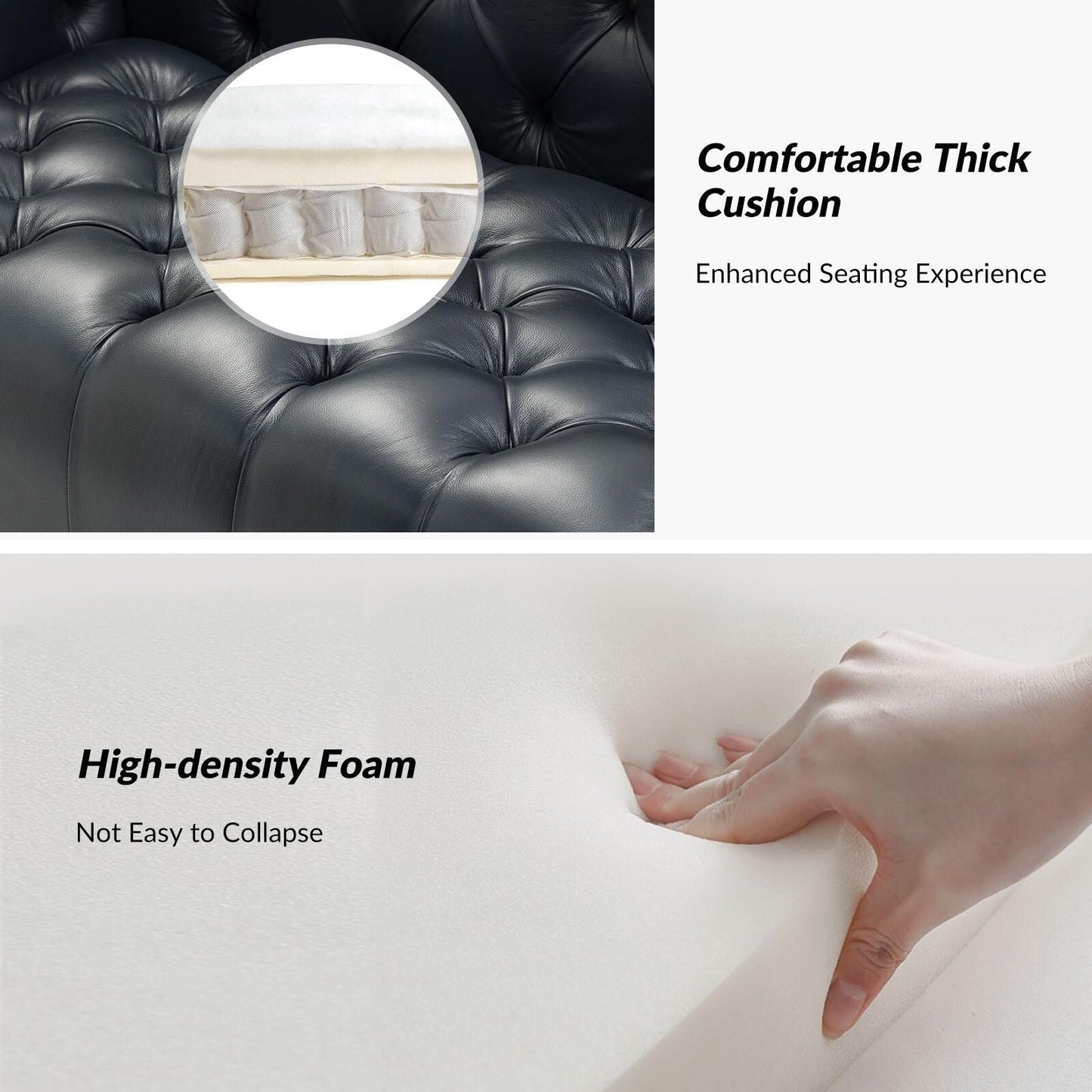 Divano Nestor Transitional in vera pelle con gambe in metallo e schienale capitonné